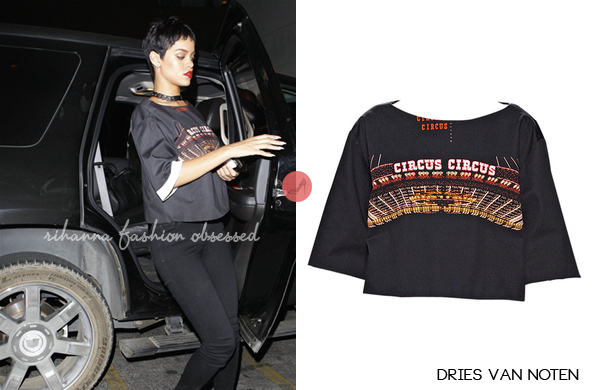 
Rihanna spotted at Giorgio Baldi wearing  Manolo Blahnik BB Suede Leather Pumps,  Citizens of Humanity Avedon Slick Skinny Jeans,  Alexander Wang Rocco Bag, Celine ID choker, and a Dries Van Noten Circus Circus t-shit.
