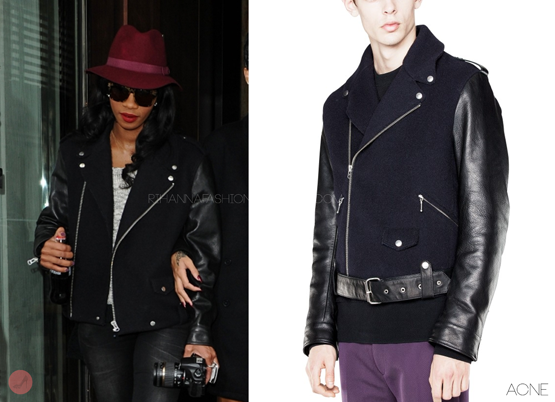 We also love Rihanna&#8217;s personal assistant &amp; BBF Melissa&#8217;s outfit choices and it&#8217;s been a while since there&#8217;s been a post about her look. Even though this blog is based on Rihanna every now and then they&#8217;ll probably be a post about one of Mel&#8217;s looks. 
Yesterday Melissa and Rihanna were spotted leaving their hotel in London, she wore a Cassady leather sleeved biker jacket by Swedish label Acne retailing for $1, 100.

Similar looks: 1. zip  up jacket H&amp;M 2. Tencil jersey panel biker jacket Topshop 3. black seam detail biker jacket miss selfridge 
