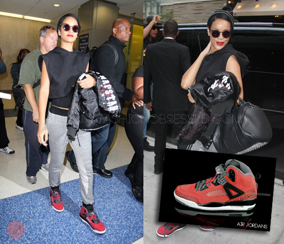 Rihanna in New York today spotted rocking a pair of air jordan spiz&#8217;ike in red and black according to sneakerfiles.com the pair is set to release next month. The singer has also rocked a few pairs of Nike air Jordans before even those that weren&#8217;t even out yet!