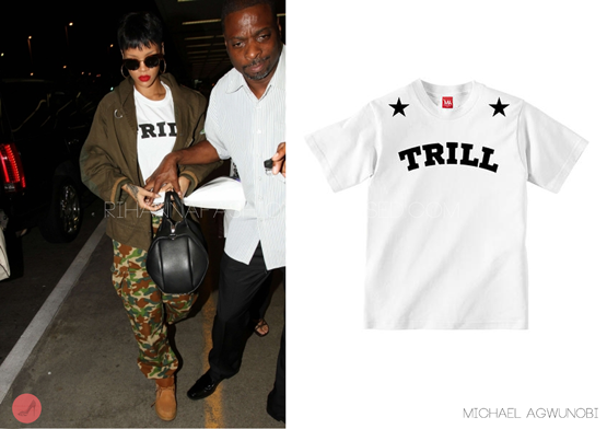 Rihanna yesterday spotted at LAX airport. Wearing a Isabel Marant military jacket, accompanied by a pair of BAPE camo bottoms, a pair of Timberland boots and her handbag by Alexander Wang. The singer wore a &#8216;TRILL&#8217; titled white tee by London designer Michael Agwunob, which is inspired by french label Givenchy. His designs are mostly inspired by well known brands such as Obey and Comme Des garcons with a little twist. This tee including others are available for £39.99 ($64)  www.michaelagwunobi.co.uk