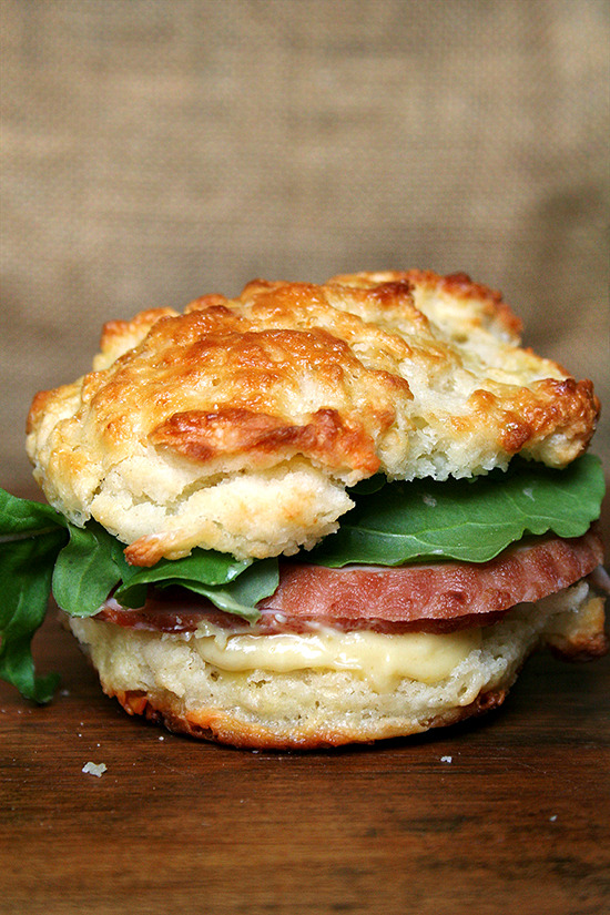 yummyinmytumbly: leftover ham &amp; arugula sandwich on cheddar biscuit w/ mustard sauce 