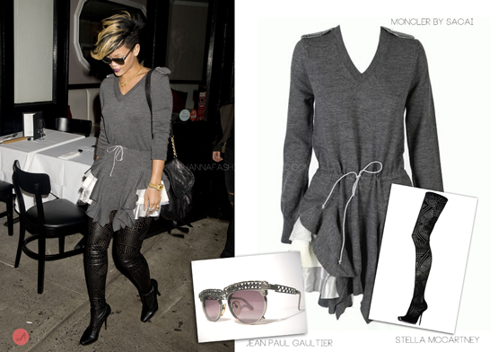We received an image from one of our readers about Rihanna&#8217;s New York outfit she wore 3 years ago. So here&#8217;s the info on what we&#8217;ve found about her look. The singer donned a grey and white ruffle detail mini dress by designer brand Moncler worn with a pair of Stella Mccartney faux leather thigh high boots. Her shades were by Jean Paul Gaultier with architectural influence of the Eiffel tower. 
