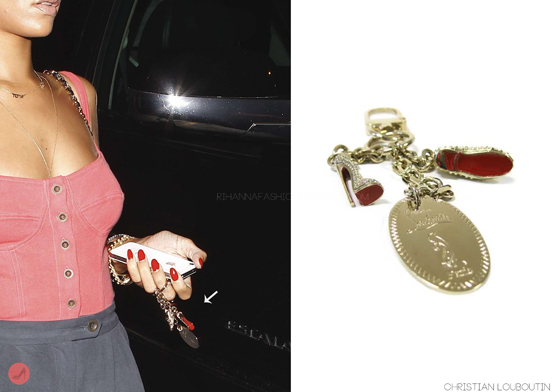 Still busy recording materials for her new album &#8216;unapologetic&#8217; yesterday Rihanna was arriving at a recording studio in LA. Spotted with a rare Christian Louboutin key charm featuring his well known designs, (which Rihanna has worn herself of course). This key charm was part of a celebration of the designer celebrating 20 years of his brand and these were released as a limited edition souvenir.