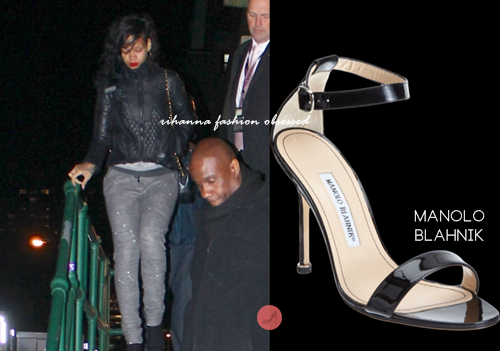 Rihanna was spotted out and about in New York wearing a Chanel sweater underneath her Adidas jacket by Stella McCartney, grey sweat pants, Manolo Blahnik Chaos sandals, and a handbag by Chanel.