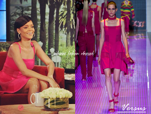 Rihanna made a guest appearance on the Ellen Degeneres show to talk about dating, kids, and who would she rather&#8230;. (check out the videos here on Ellen&#8217;s YouTube channel ).
As she sat down and talked to Ellen with her contagious laugh, she wore heels by Versace, hooped diamond earrings by Neil Lane, and a pretty bright pink dress from Versus&#8217; Spring/Summer 2013 collection.