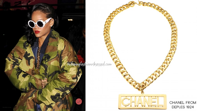 Rihanna performed on day three of the 777 tour and was spotted shortly after her performance in Stockholm, Sweden. Rihanna was seen wearing a camouflage jacket by Norma Kamali. Her white vintage Chanel &#8220;Chanel Paris&#8221; logo white sunglasses (sold out) &amp; vintage Chanel massive logo plate necklace  chain are from Depuis 1924.
