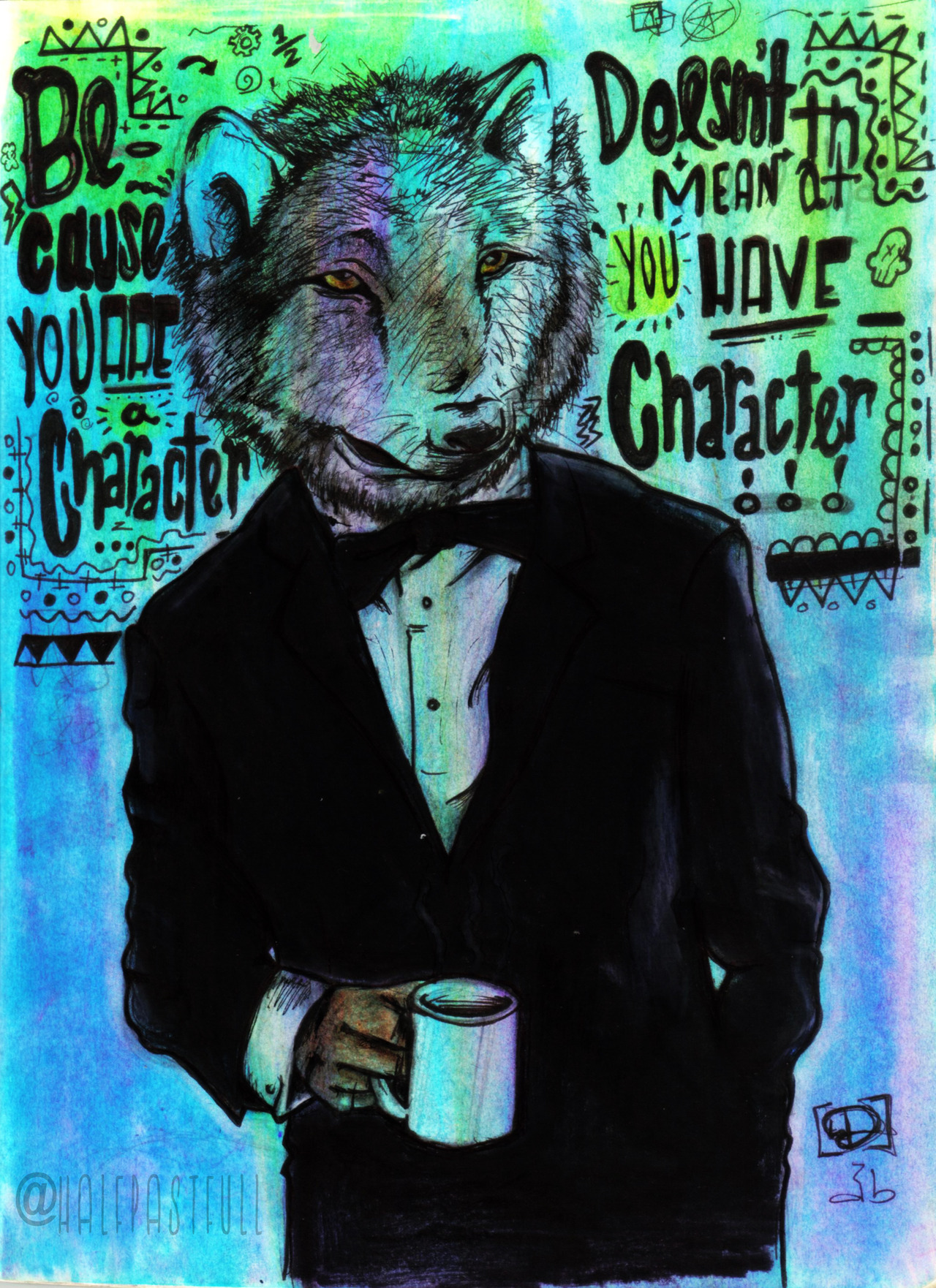 The Wolfe - Pulp Fiction Inspired Mediums: Watercolor, colored pencil and ink.